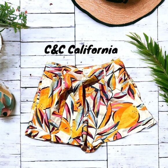 C&C CALIFORNIA 100% LINEN SHORTS TROPICAL BRIGHT PRINT NEW WITHOUT TAGS LARGE - Picture 1 of 4